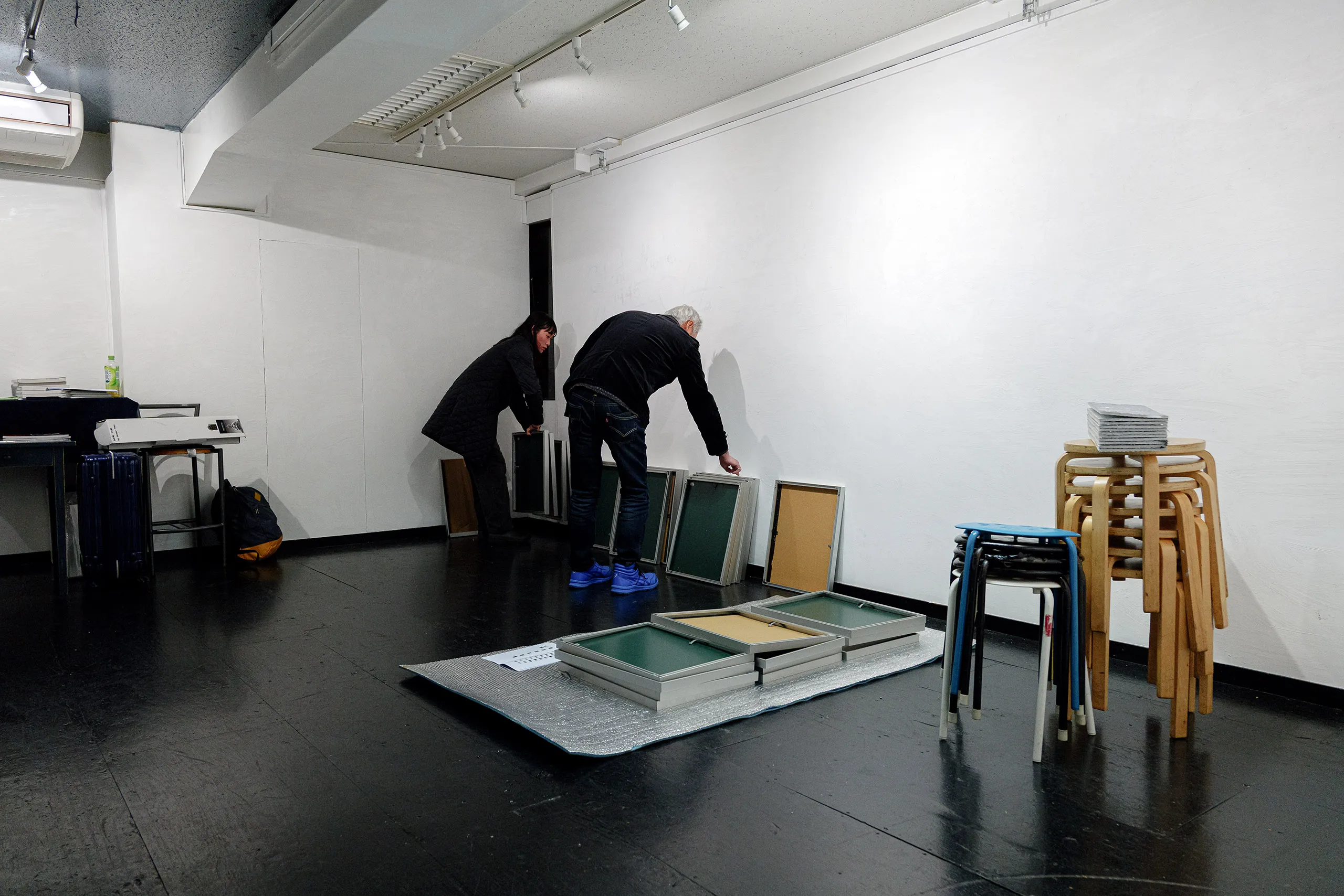 The Floating World — hang in progress, Place M Gallery Tokyo, February 2026