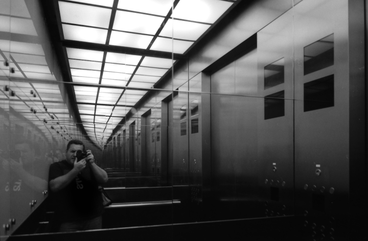 Andras Ikladi selfie in elevator